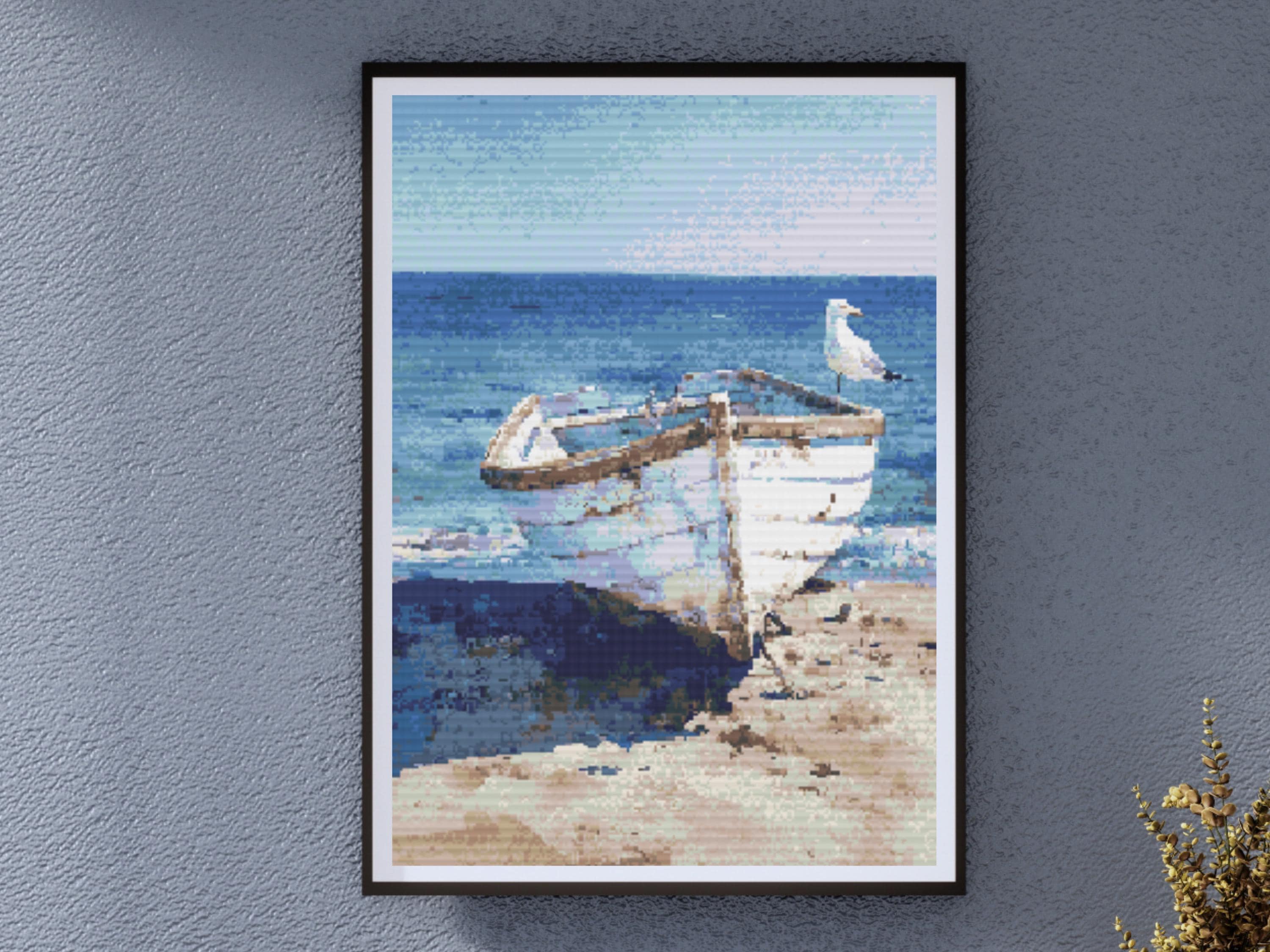 Rustic Boat and Seagull Cross Stitch Pattern Coastal Beach Scene Modern Nautical Embroidery Seaside Ocean Wall Art Decor Download