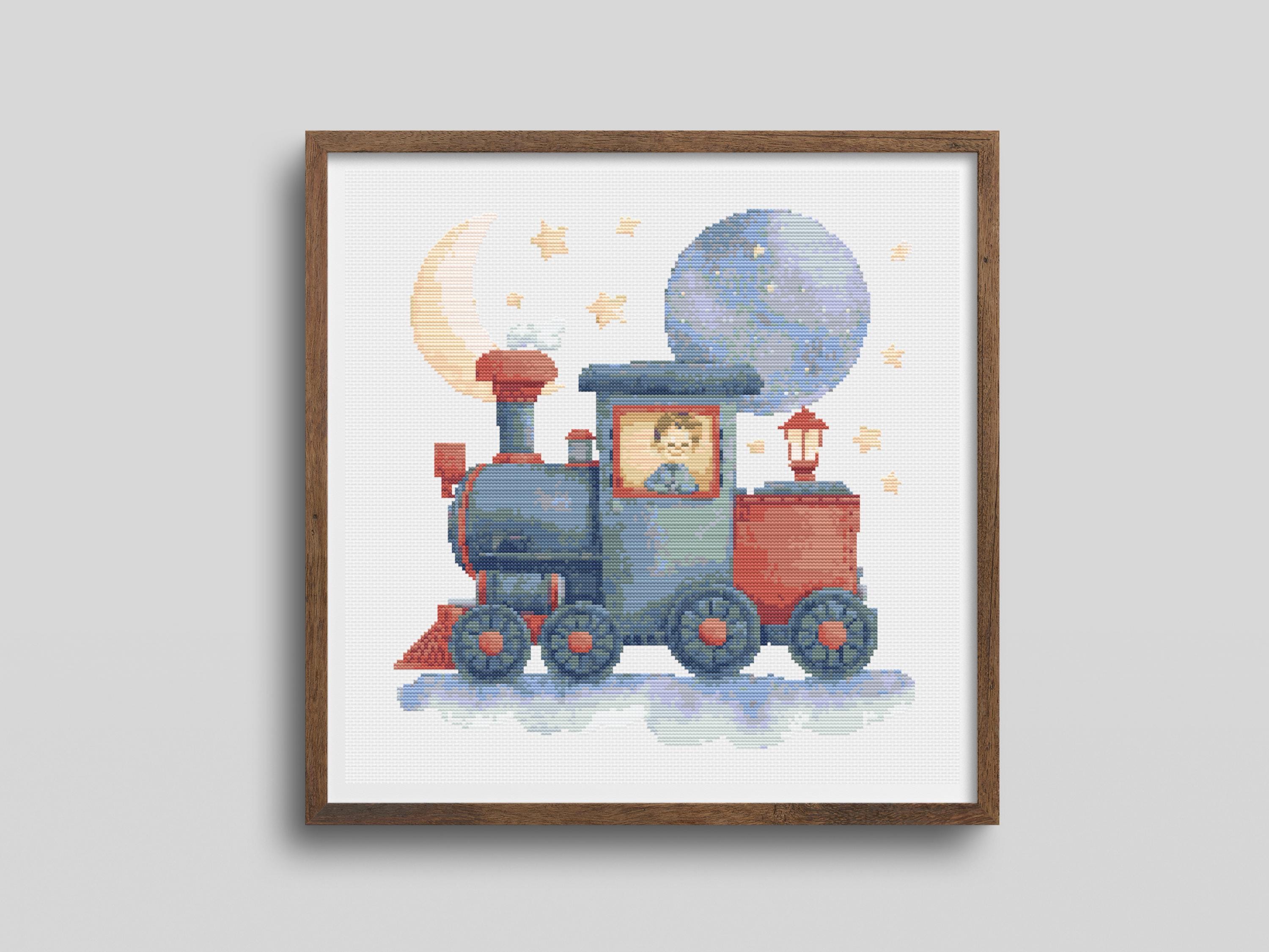 Train Cross Stitch Pattern - Whimsical Christmas Train with Moon & Stars, Holiday Baby Nursery Decor, Vintage Pattern PDF Download - Thumbnail 2