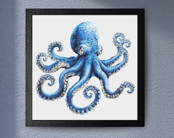 Octopus Cross Stitch Pattern – Intricate Nautical Marine Life Blue Octopus Counted Cross Stitch Pattern