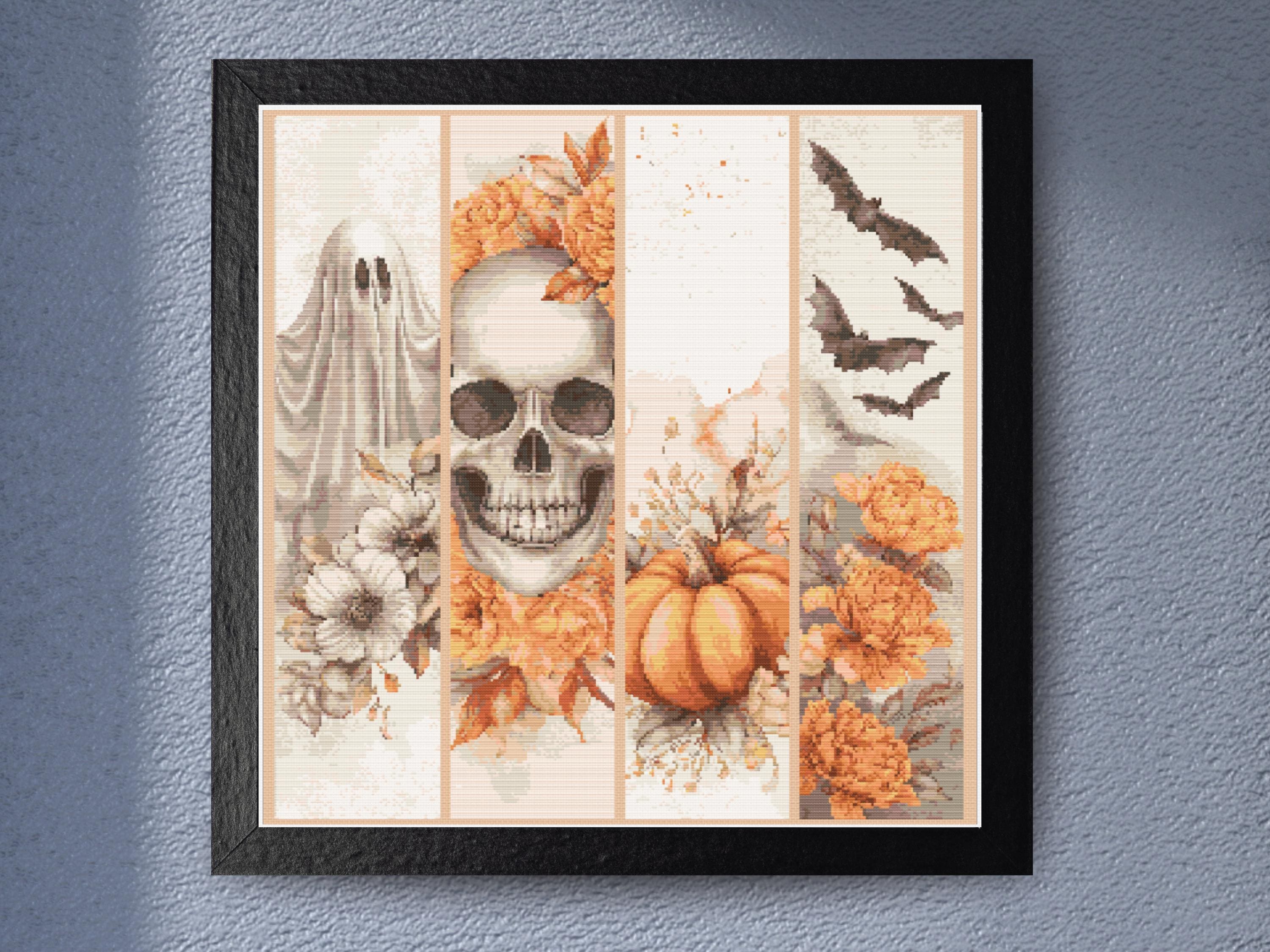 Halloween Skull Pumpkin Ghost Bat Cross Stitch Pattern Autumn Floral Gothic Fall Decor Spooky Modern Embroidery Chart PDF - Image 1
