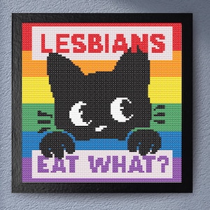 Schema punto croce orgoglio - Gatto lesbico divertente - Design arcobaleno orgoglio, ricamo fai da te LGBTQ+ con gatto nero kawaii, progetto audace per principianti