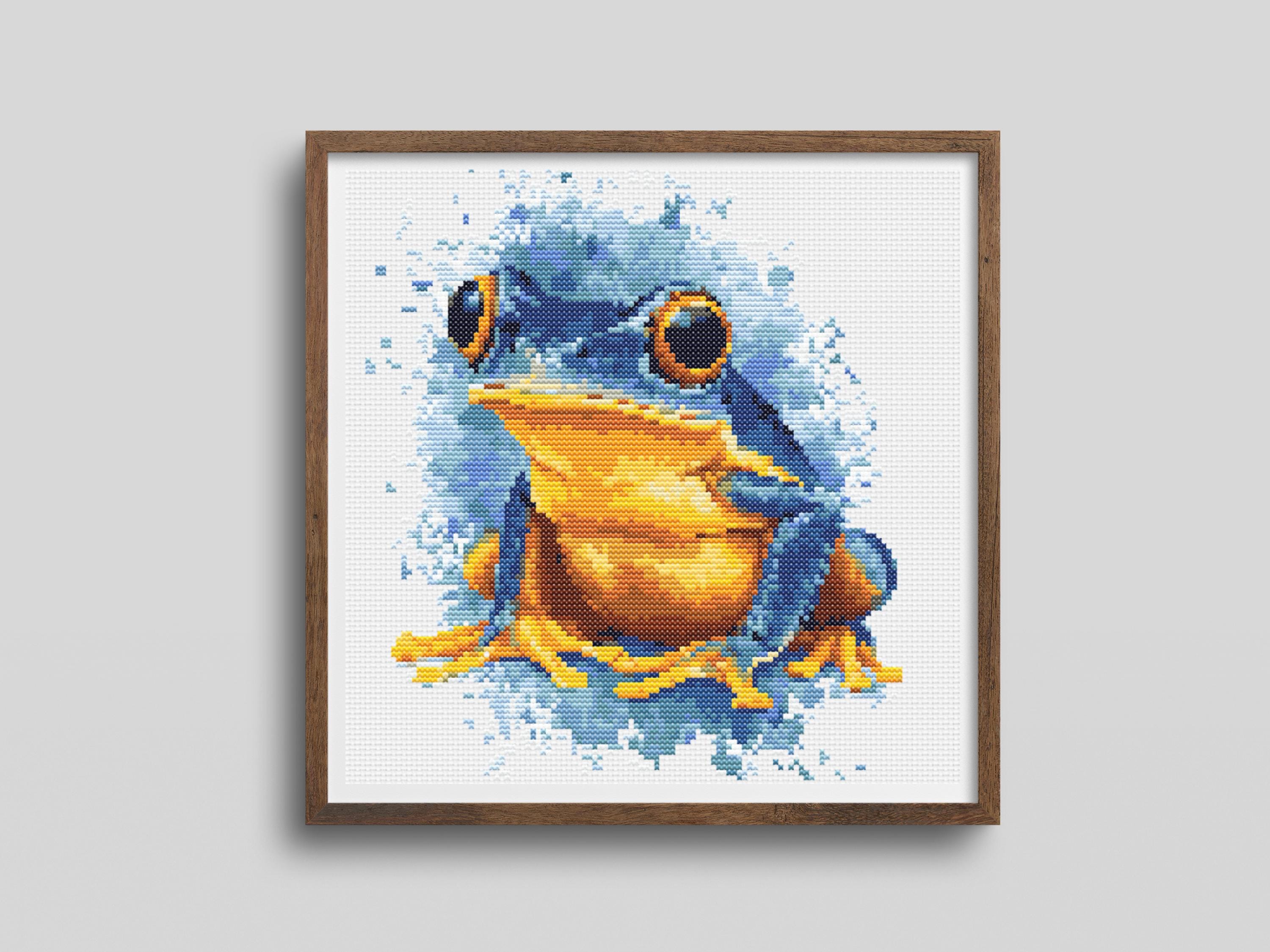 Vibrant Frog Cross Stitch Pattern with Blue and Gold Tones for Unique Nature-Inspired Wall Art Home Décor Embroidery PDF - Thumbnail 2