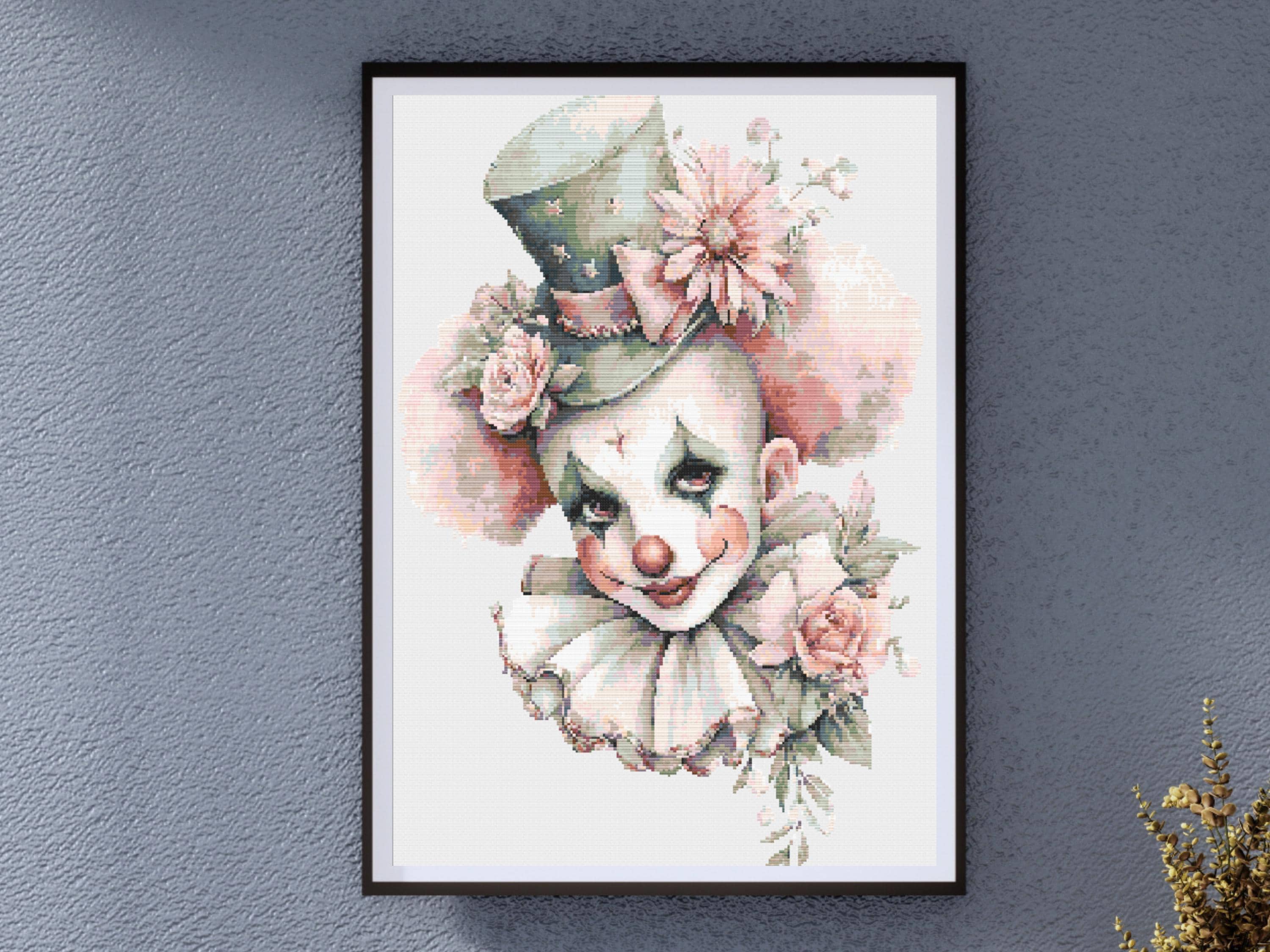 Clown Cross Stitch Pattern with Floral Hat and Vintage Circus Vibes, Modern Embroidery Creepy Halloween Decor