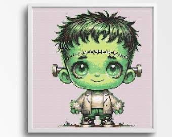 Cute Frankenstein Monster Chibi-Style Halloween Cross Stitch Pattern, Adorable Halloween Decor, Spooky Embroidery 150 x 150 Stitches