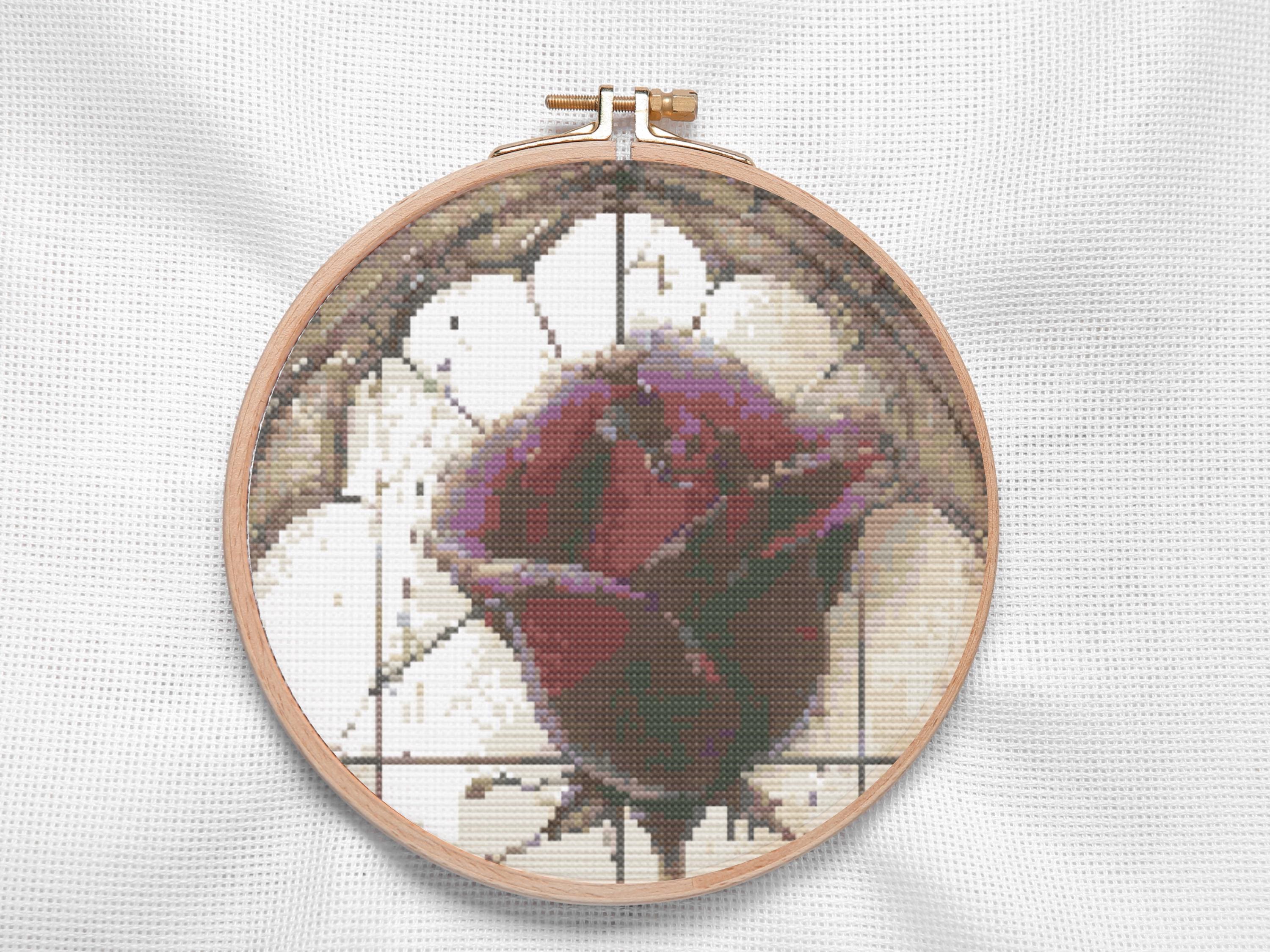 Antique Rose Cross Stitch Pattern - Vintage Floral Needlework Design .  Gothic Rose in a Cathedral Stainglass Window Setting - Thumbnail 3