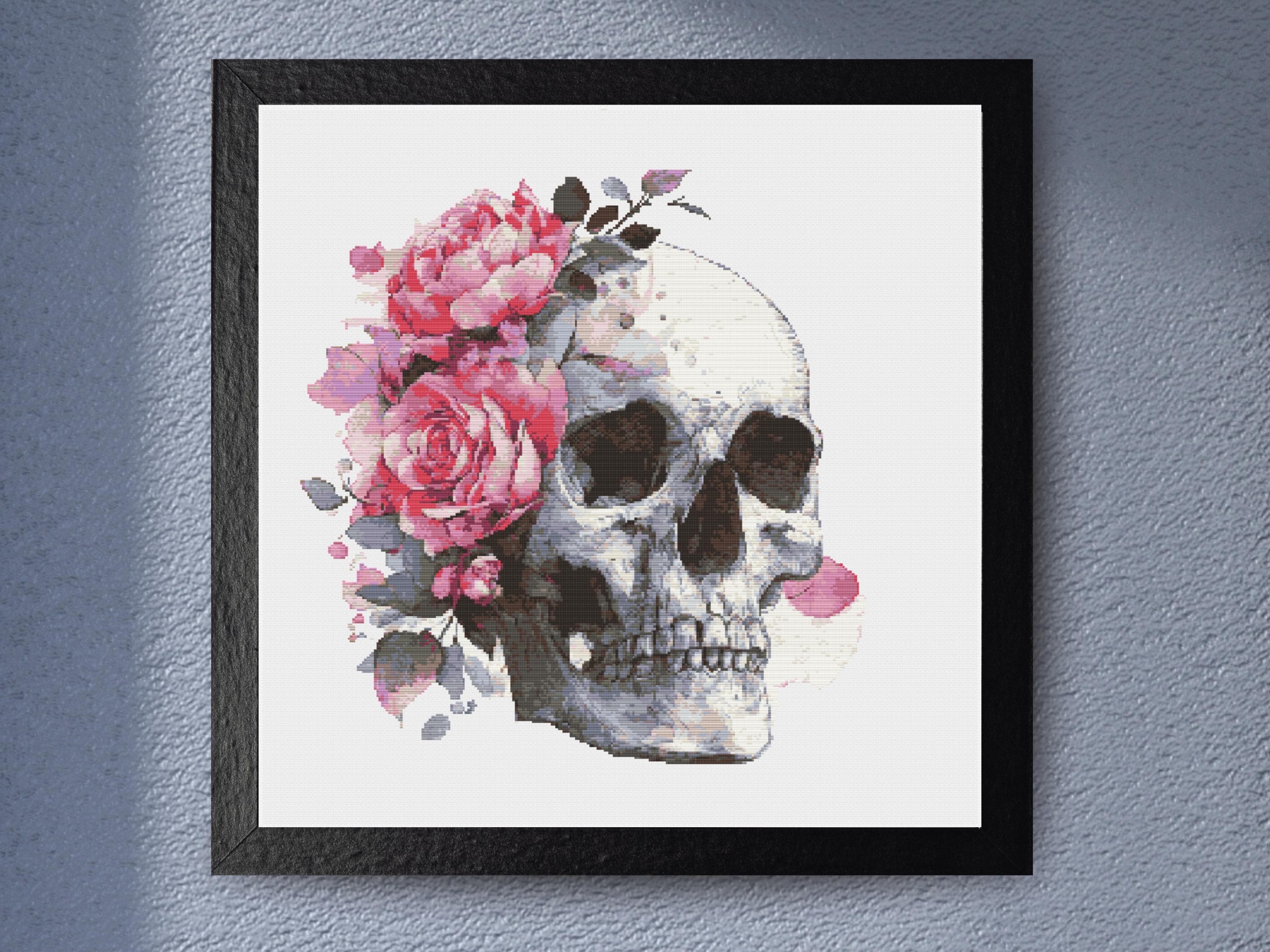 Skull and Roses Cross Stitch Pattern Dark Floral Gothic Wall Art Unique Modern Embroidery Design Intricate Rose Skull PDF Download