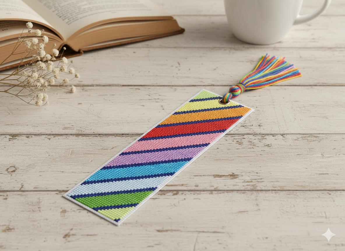 Boomark Cross Stitch Pattern, Rainbow Stripes with Navy Accents. Easy Beginner Friendly Pattern. Small Counted Cross Stitch. - Thumbnail 4