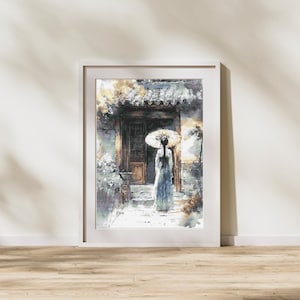 Japanese Cross Stitch Pattern - Japanese Woman with Parasol in a Serene Courtyard Counted Cross-Stitch Pattern