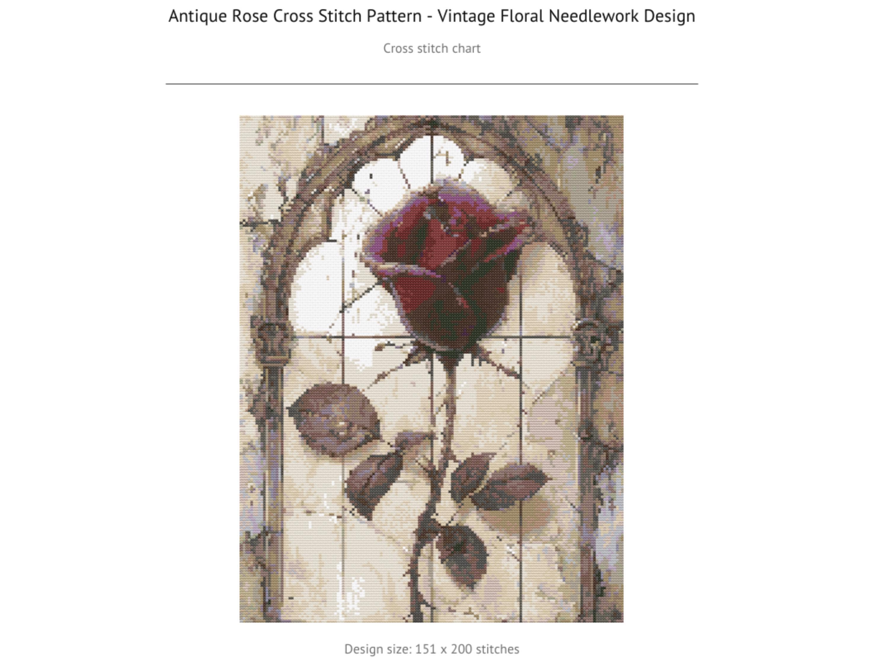 Antique Rose Cross Stitch Pattern - Vintage Floral Needlework Design .  Gothic Rose in a Cathedral Stainglass Window Setting - Thumbnail 4