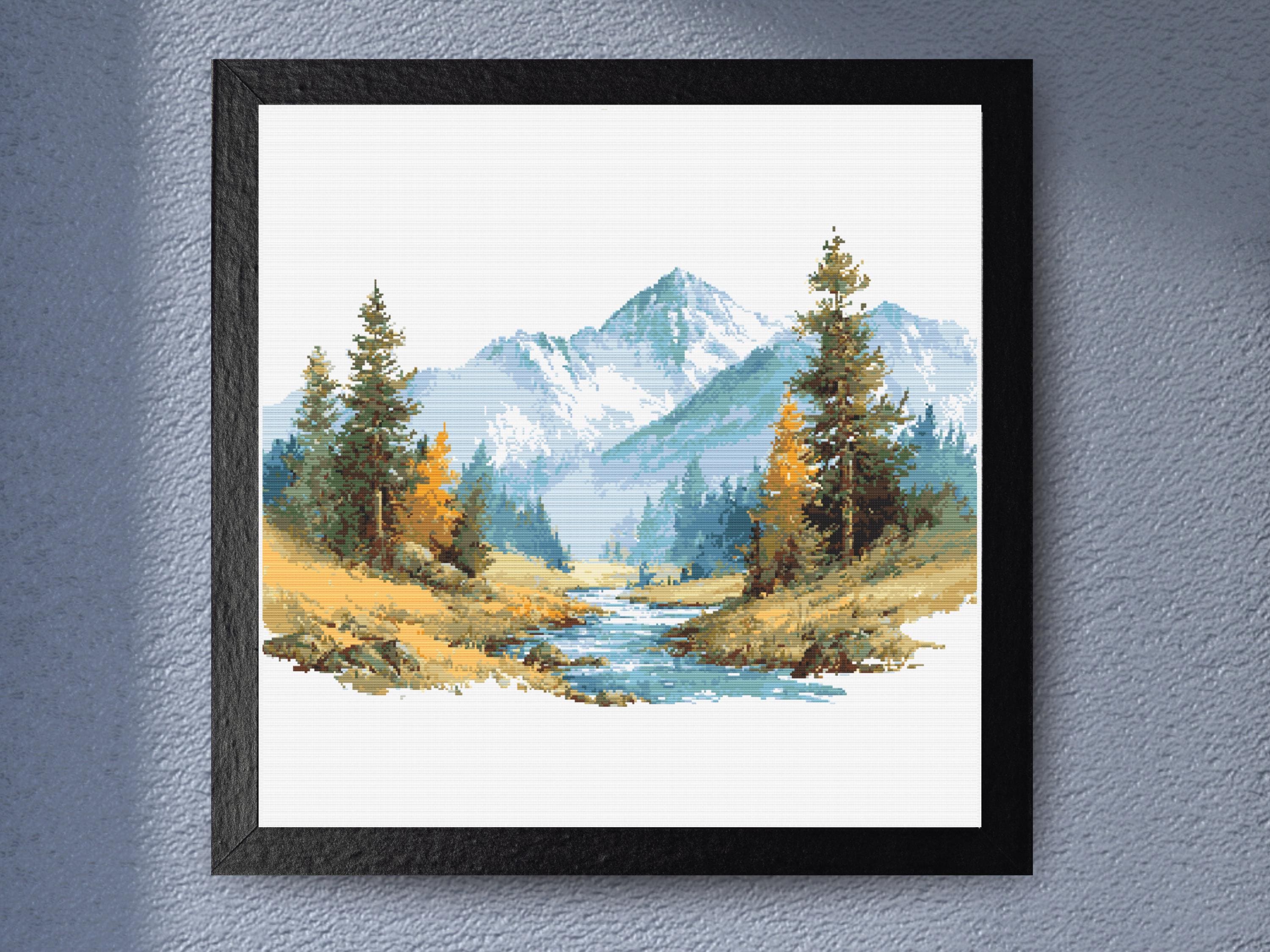 Mountain River Landscape Cross Stitch Pattern for Nature Lovers, Scenic Forest Needlework Embroidery Design, Tranquil Wilderness