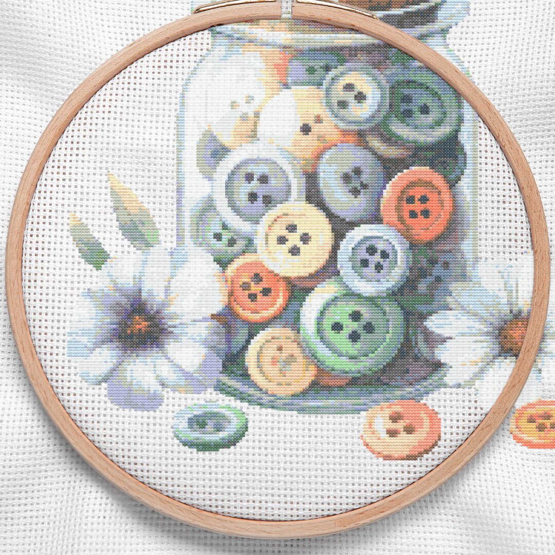 Buttons in a Bottle: A Beautiful Jar Filled With Buttons Cross-stitch ...