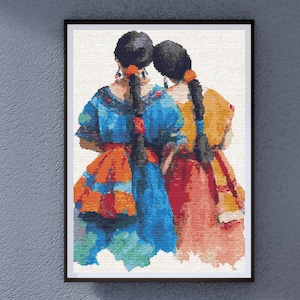 May include: Watercolor painting of two women in traditional dresses, viewed from the back. The women have long black braids and wear colorful dresses in shades of blue, orange, and red. The artwork is framed in a black frame.