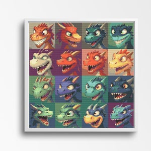 Dragon Cross Stitch Pattern, Colorful Dragon Faces Cross Stitch Pattern. Counted Cross-Stitch. 16 Expressive Hatchling Dragons.