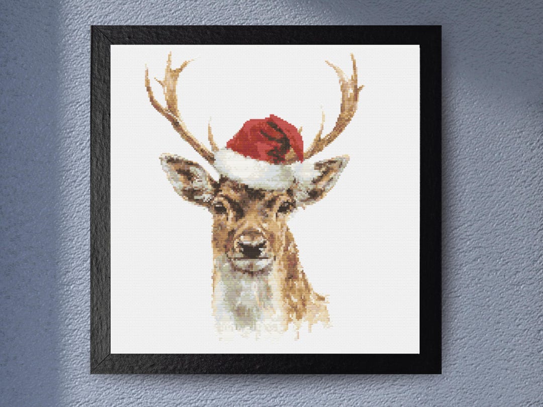 Christmas Reindeer Cross Stitch Pattern With Santa Hat. Holiday ...