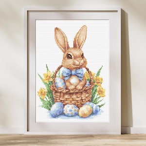 Cross Stitch Pattern, Easter Bunny in a basket, Modern Cross Stitch Design Easter Embroidery Pattern, Spring Cross Stitch Pattern