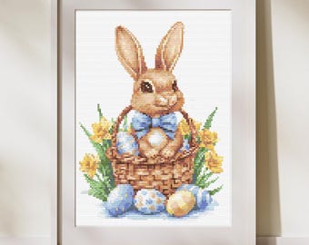 Cross Stitch Pattern, Easter Bunny in a basket, Modern Cross Stitch Design Easter Embroidery Pattern, Spring Cross Stitch Pattern