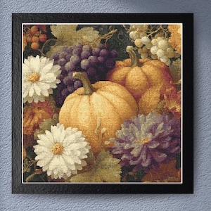 May include: Framed print of a still life composition with pumpkins, grapes, and flowers. The pumpkins are orange, the grapes are purple and green, and the flowers are white and purple. The artwork is set against a dark background.