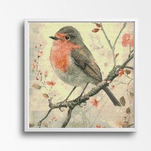Charming Robin Cross Stitch Pattern: Festive Bird on Blossom Branch - A Cozy Xmas DIY Decor