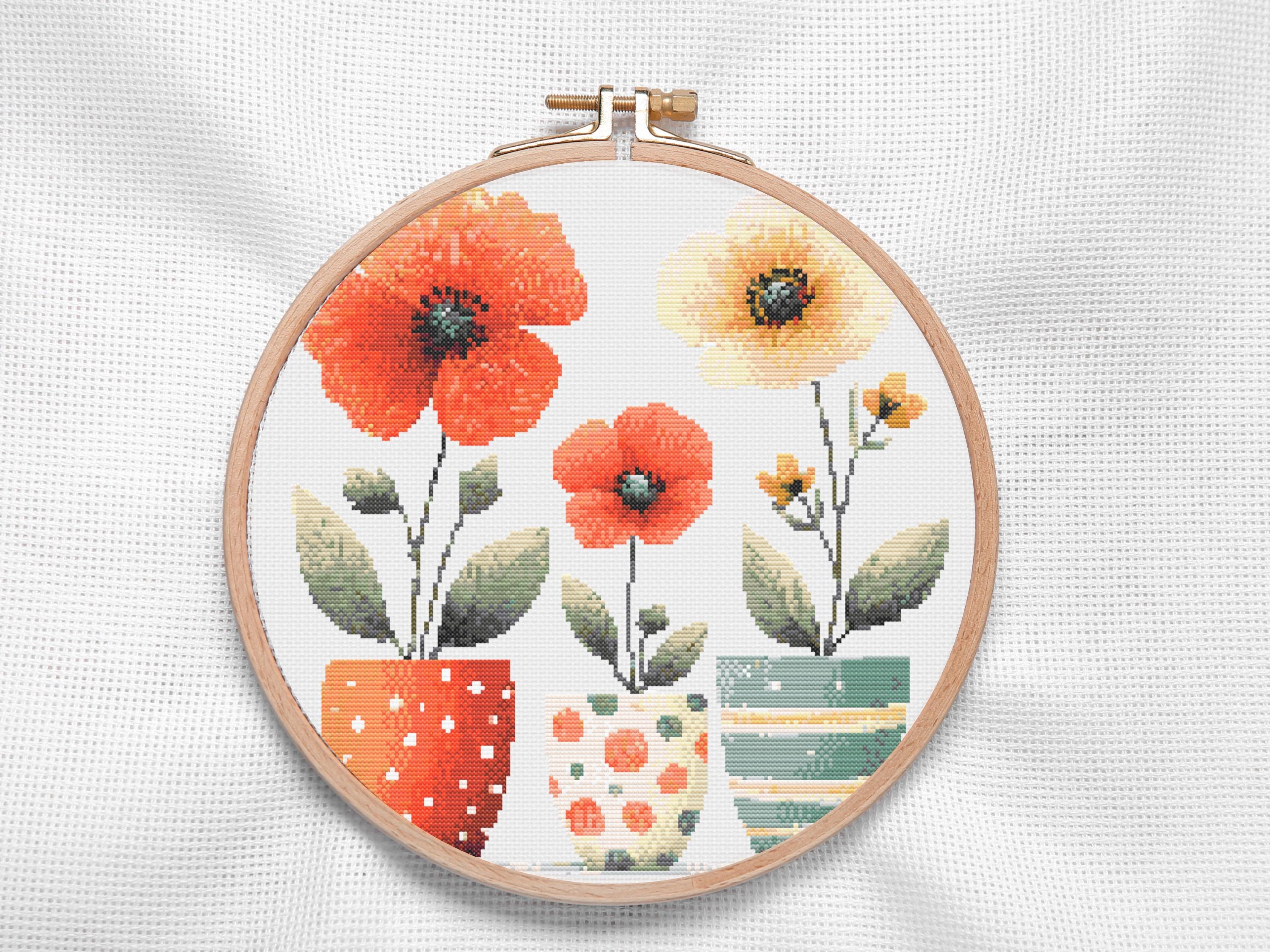 Poppy Cross Stitch Pattern Easy Floral Embroidery Design Modern Botanical Counted Chart PDF for Handmade Gift or Wall Art Download - Thumbnail 3