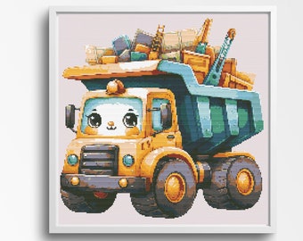 Building Smiles - Adorable Dump Truck Cross Stitch Pattern 200 x 200 Stitches. Counted Cross-Stitch. Room Decor for Construction Crazy Kids