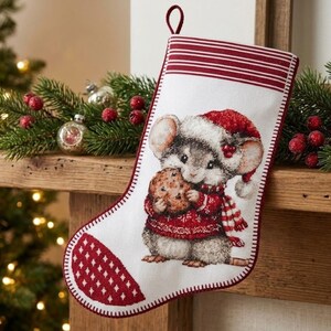 Peut inclure: Une chaussette de Noël blanche avec un revers rayé rouge et blanc et une pointe à motif rouge. Le centre présente une illustration détaillée d'une souris grise portant un bonnet de Père Noël et un pull rouge, tenant un biscuit aux pépites.