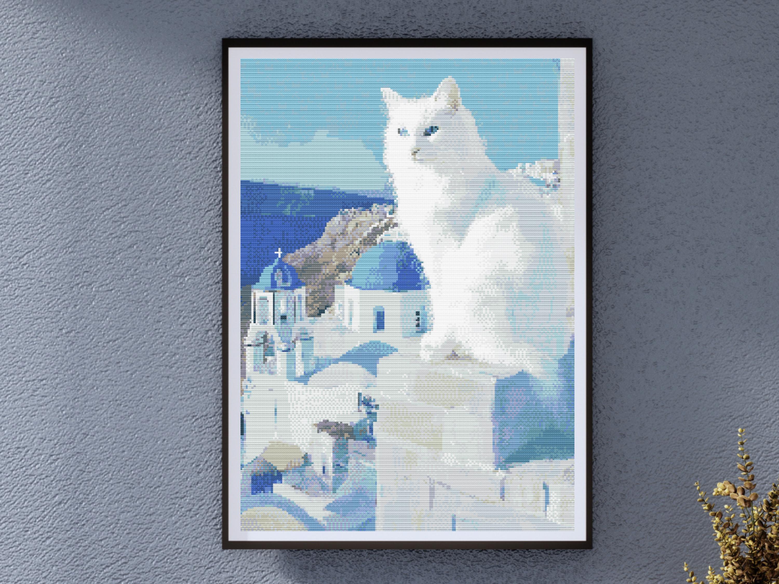 Santorini Cross Stitch Pattern, Greek Blue & White, Counted Cross Stitch for Cat Lover, Embroidery Gift for Her, Mediterranean Coastal Scene - Image 1