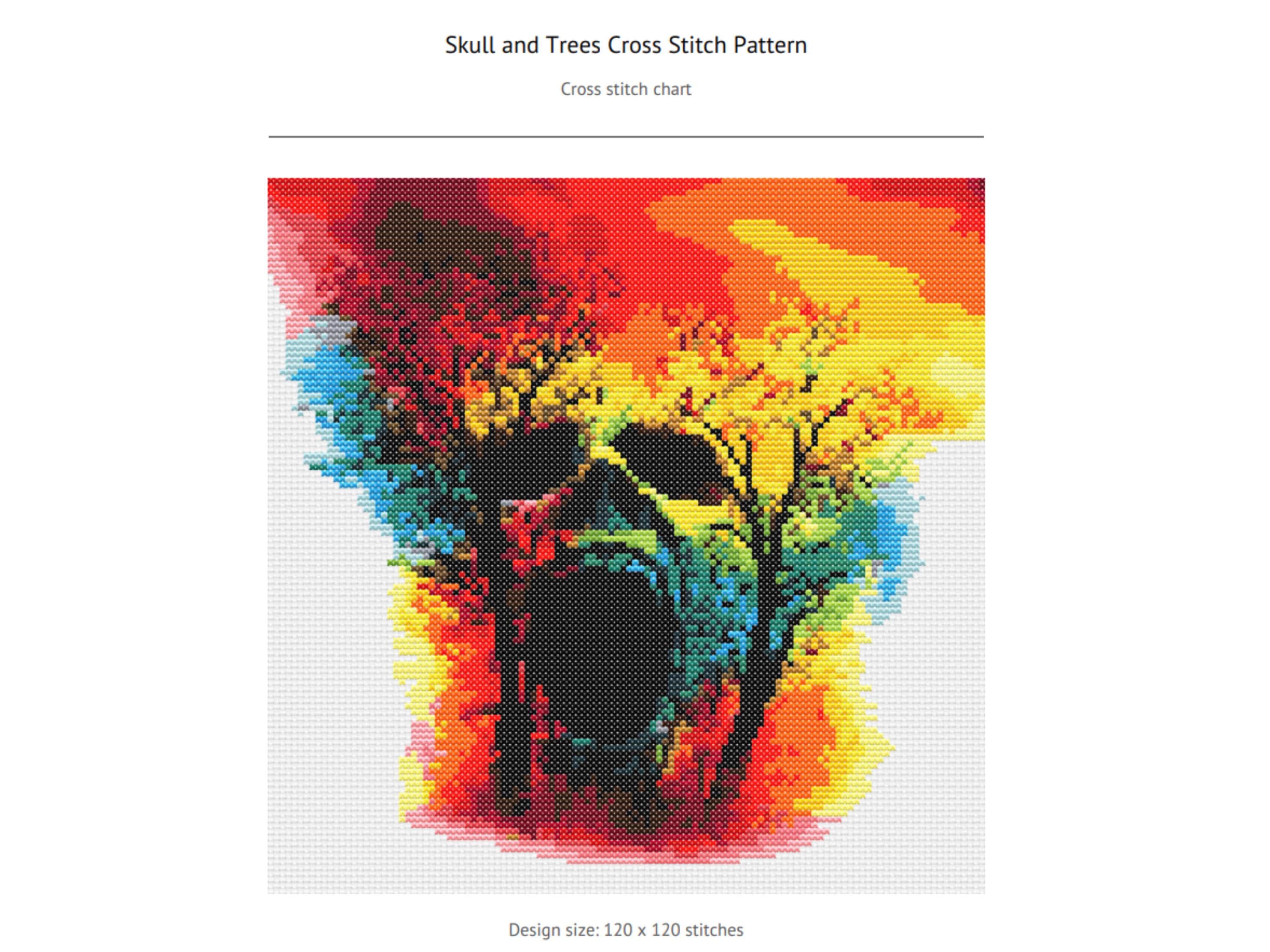 Skull and Trees Cross Stitch Pattern - Neon Fire and Forest Glow Abstract Skull Design for Halloween Decor - Thumbnail 4