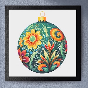 Vibrant Floral Christmas Bauble Cross Stitch Pattern for Festive Home Decor and Holiday Ornament Projects PDF Download