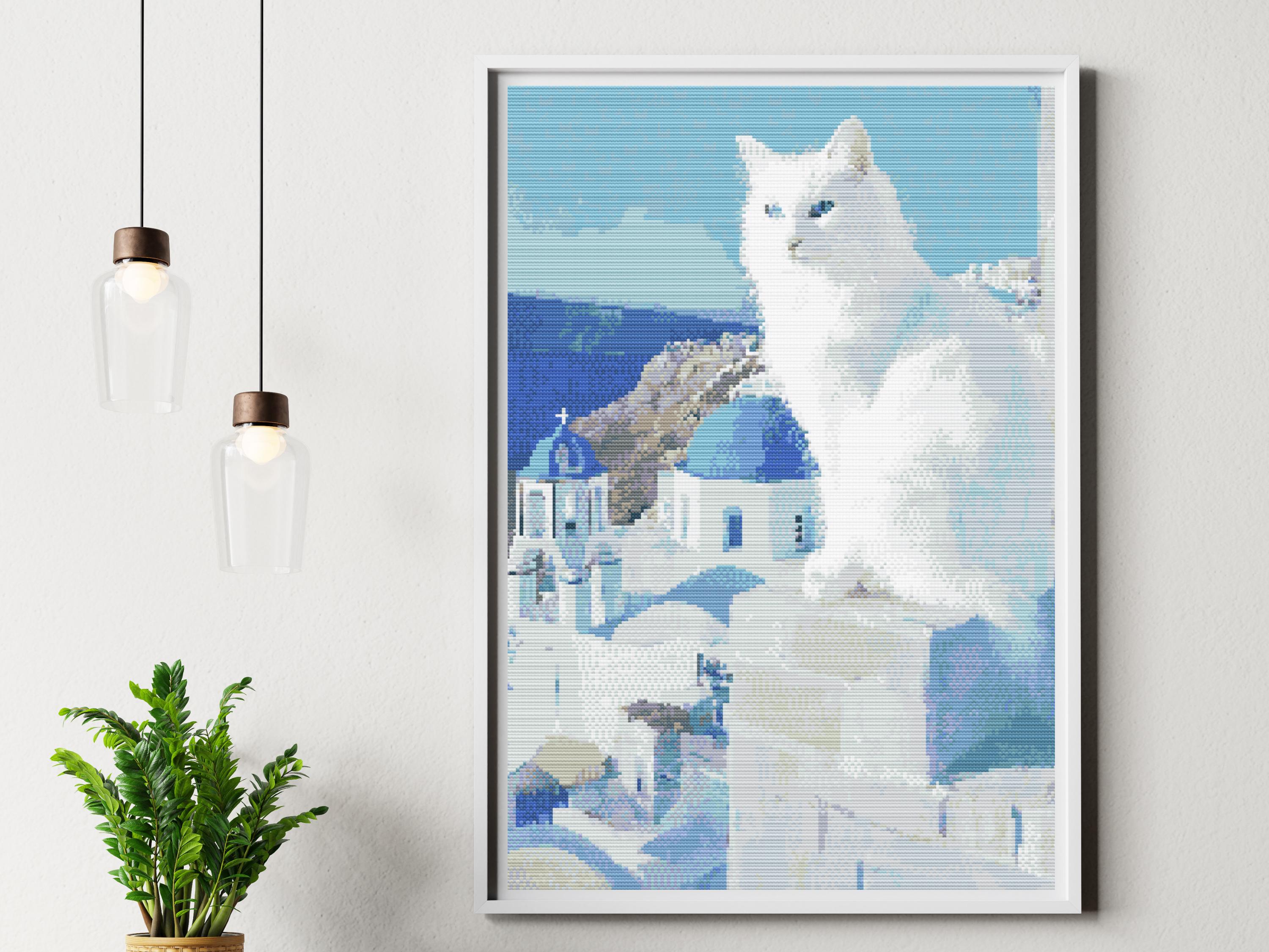 Santorini Cross Stitch Pattern, Greek Blue & White, Counted Cross Stitch for Cat Lover, Embroidery Gift for Her, Mediterranean Coastal Scene - Thumbnail 2