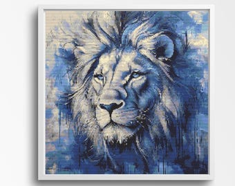 Fierce Blue Lion Cross Stitch Pattern, Bold Lion Design, Abstract Wildlife Scene, Unique African Contemporary Decor