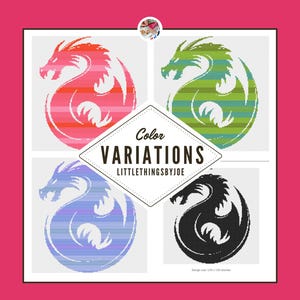 May include: A graphic featuring four dragon designs in various colors: red, green, purple, and black. The designs are displayed on a white background with the text "Color Variations" and "LittleThingsbyJoe". The design size is 150 x 150 stitches.