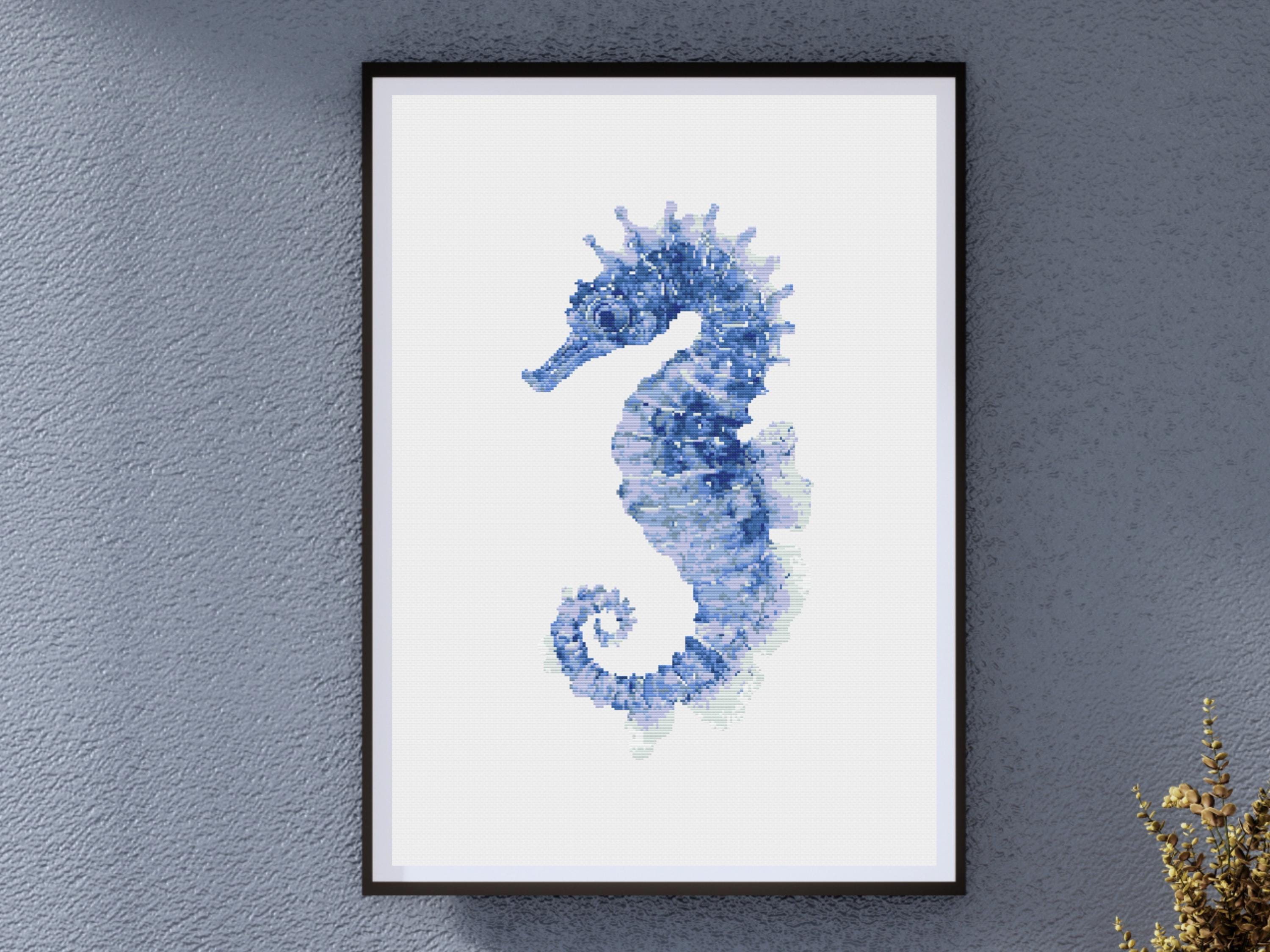 Sea Horse โ Ocean Marine Life. Blue Sea Horse Counted Cross Stitch Pattern - Image 1