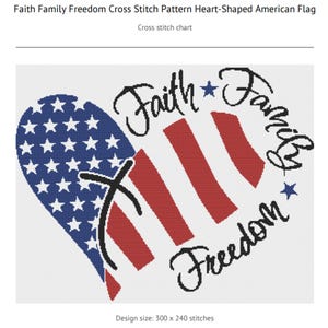 Beautiful patriotic embroidery pattern with red, white, and blue color scheme forming a heart-shaped flag. Includes flowing script that spells “Faith,” “Family,” and “Freedom” in black. A heartfelt design for those who cherish national pride and traditional Americana aesthetics.
