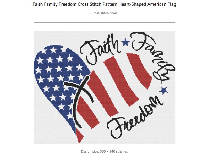 Beautiful patriotic embroidery pattern with red, white, and blue color scheme forming a heart-shaped flag. Includes flowing script that spells “Faith,” “Family,” and “Freedom” in black. A heartfelt design for those who cherish national pride and traditional Americana aesthetics.