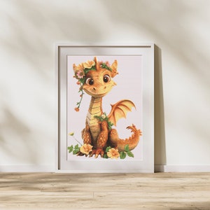 Dragon Cross Stitch Pattern.  230 x 290 Stitches Counted Cross-Stitch. A Whimsical Fantasy Hatchling with Pretty Flowers