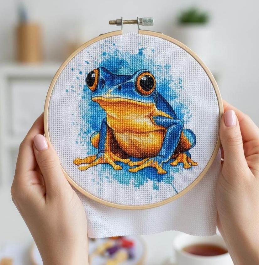 Vibrant Frog Cross Stitch Pattern with Blue and Gold Tones for Unique Nature-Inspired Wall Art Home Décor Embroidery PDF - Thumbnail 7