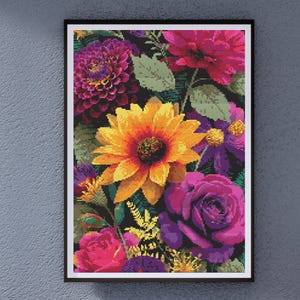 May include: A framed print of a colorful floral arrangement featuring sunflowers, roses, and other flowers in shades of pink, purple, yellow, and orange.