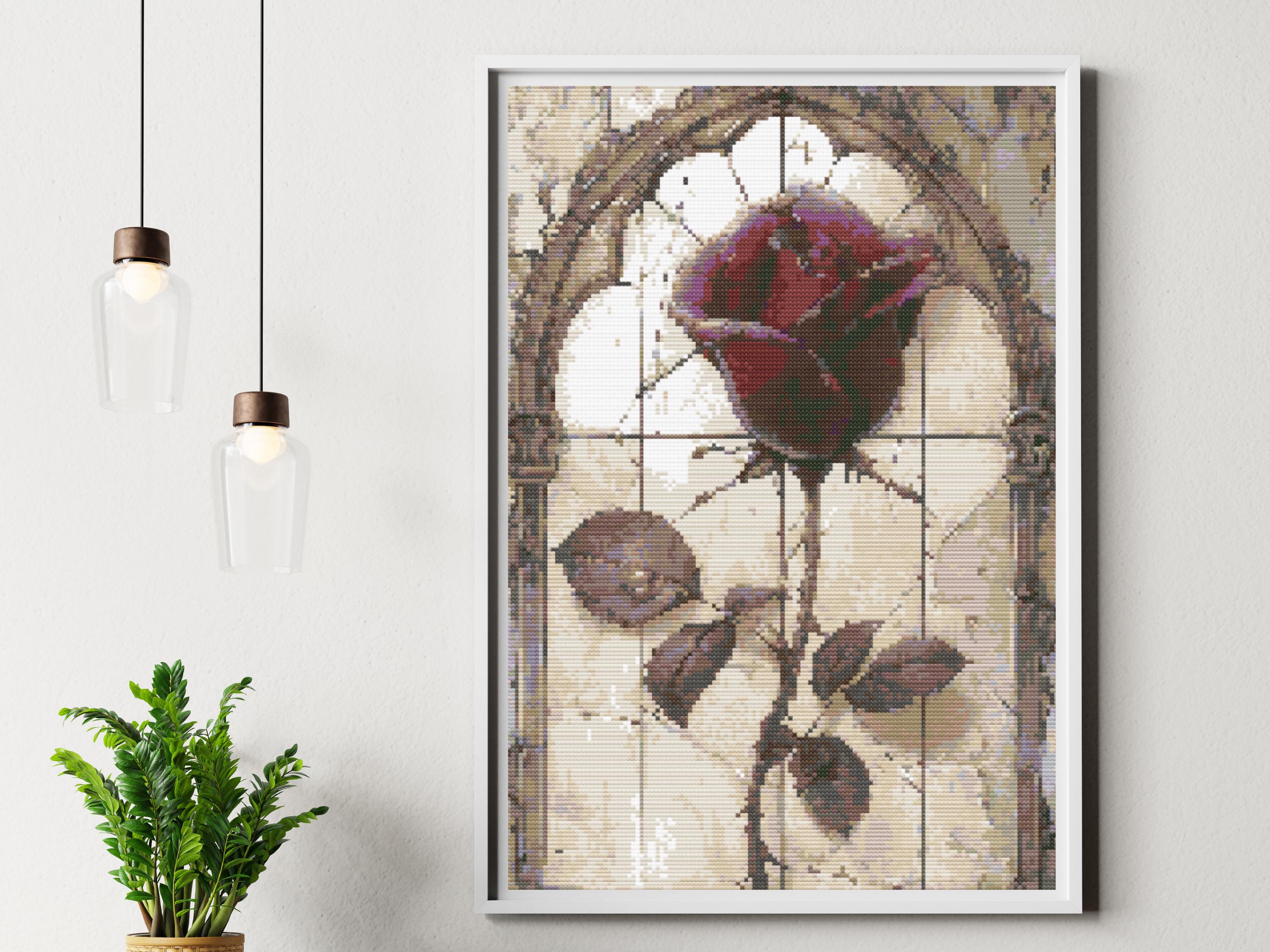 Antique Rose Cross Stitch Pattern - Vintage Floral Needlework Design .  Gothic Rose in a Cathedral Stainglass Window Setting - Thumbnail 2