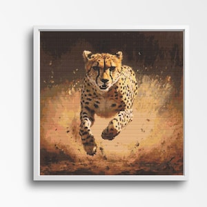 Cheetah Cross-Stitch Pattern, High-Speed Cheetah Cross-Stitch Design, Wildlife Running Scene, Cheetah in Motion