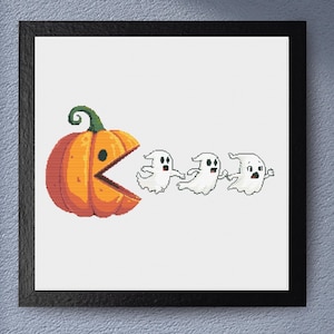 Korsstygnsmönster med pumpa och spöken, Halloweendekor för spelälskare och digitalt höststygnsdiagram för säsongsbetonad hemkonst