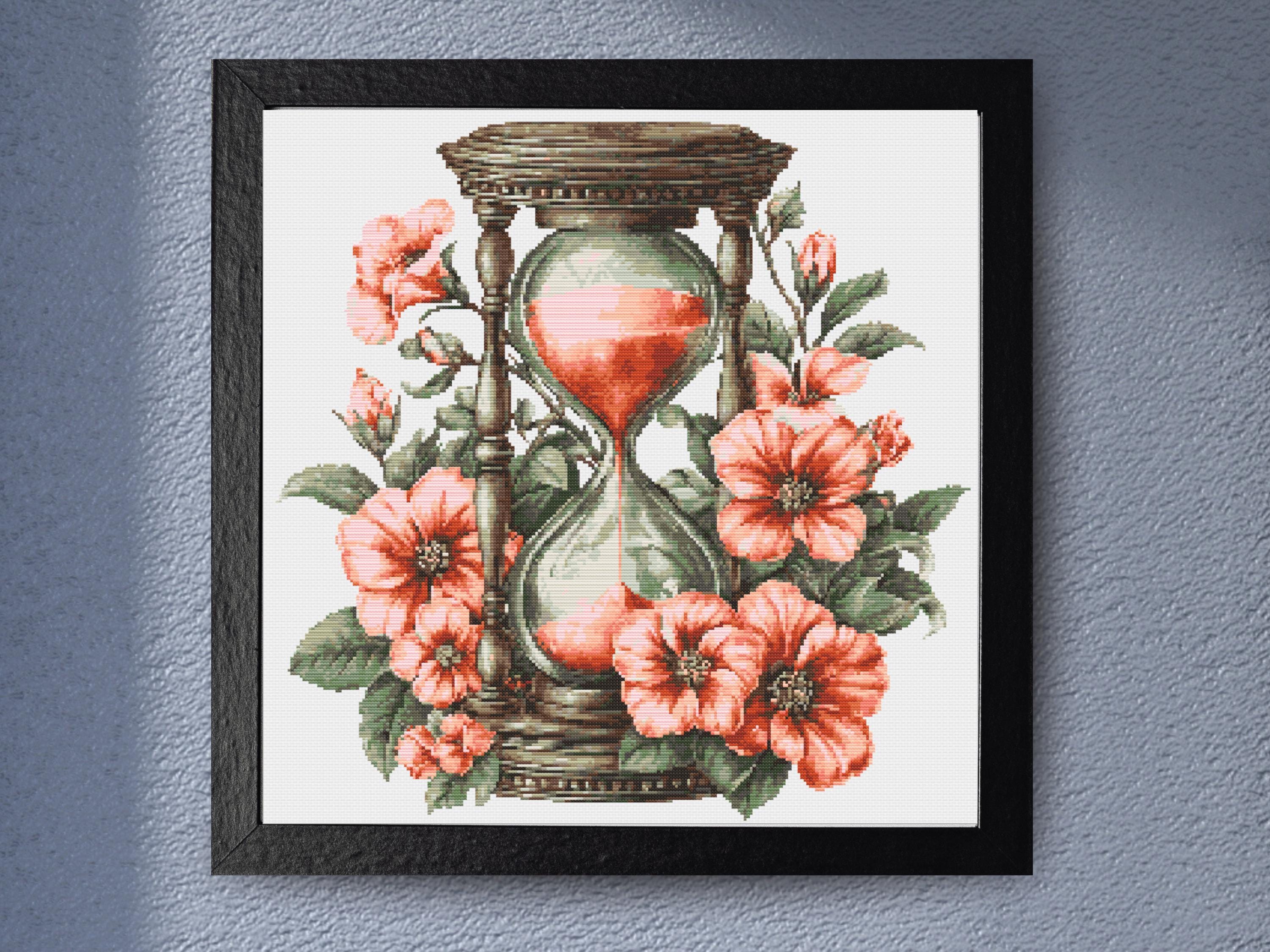 Vintage Hourglass And Coral Flowers Cross Stitch Pattern Romantic Botanical Sand Timer Floral Wall Art Vintage Decor Embroidery PDF - Image 1