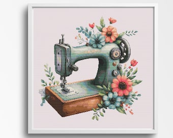 花のクロスステッチキットのヴィンテージミシン、刺繍用レトロシンガー
