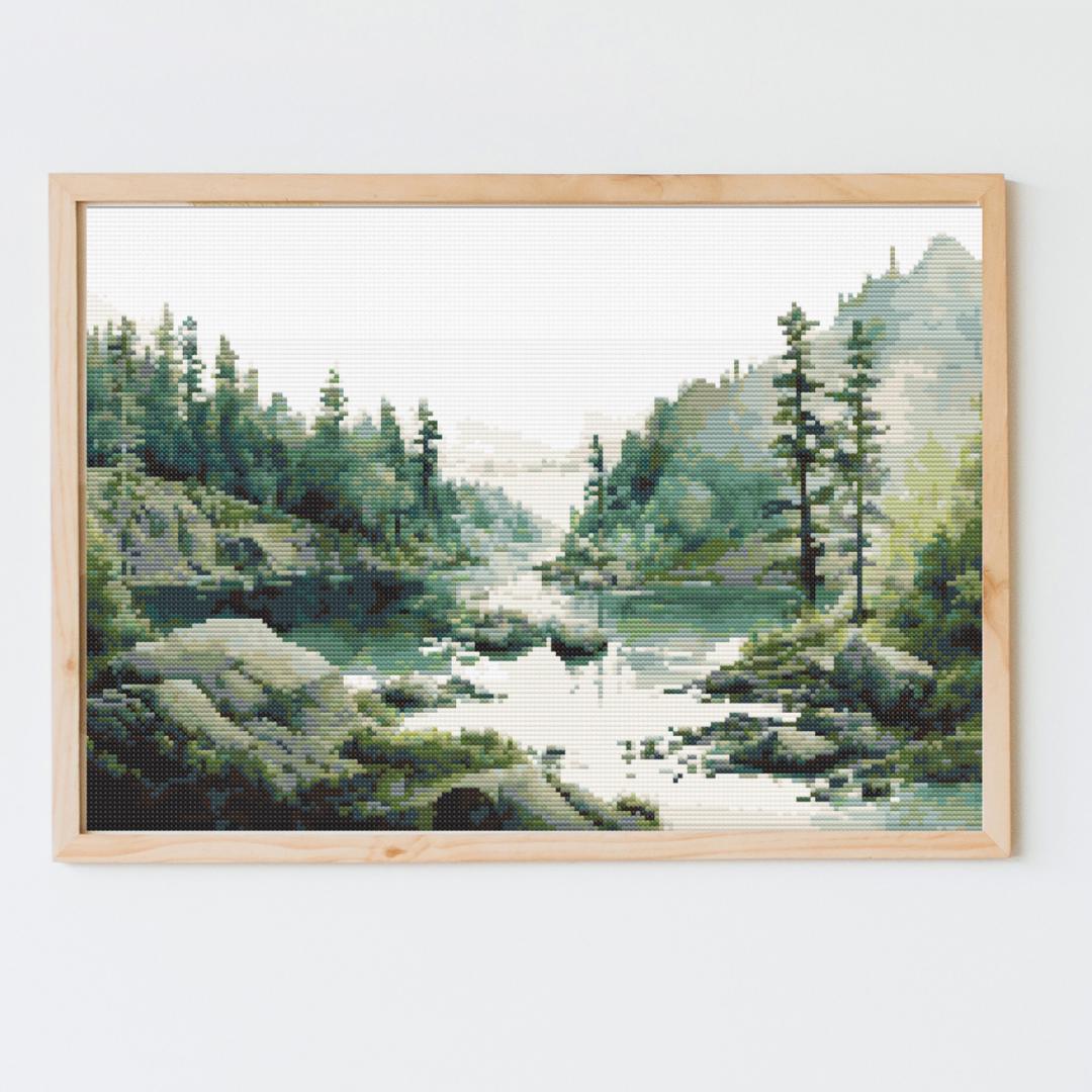 Cross Stitch Pattern - Nature's Serenity:  Watercolor Landscape - Forest River Mountains - Captivating Landscape Embroidery Pattern - Thumbnail 2