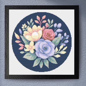 Floral Bouquet Cross Stitch Pattern – Elegant Round Embroidery, Vintage Botanical Design