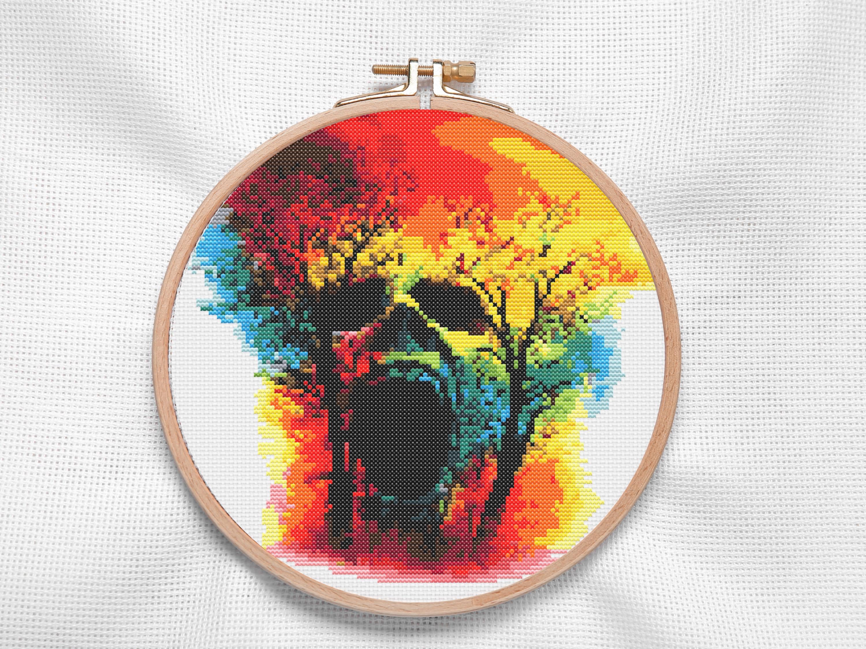 Skull and Trees Cross Stitch Pattern - Neon Fire and Forest Glow Abstract Skull Design for Halloween Decor - Thumbnail 3