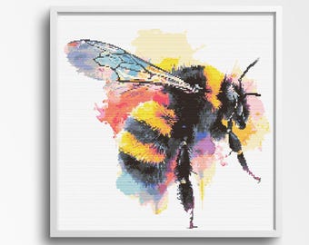 Bee Cross Stitch Pattern - Watercolour Bumblebee. Large Cross Stitch Pattern,  Counted Cross Stitch Pattern.