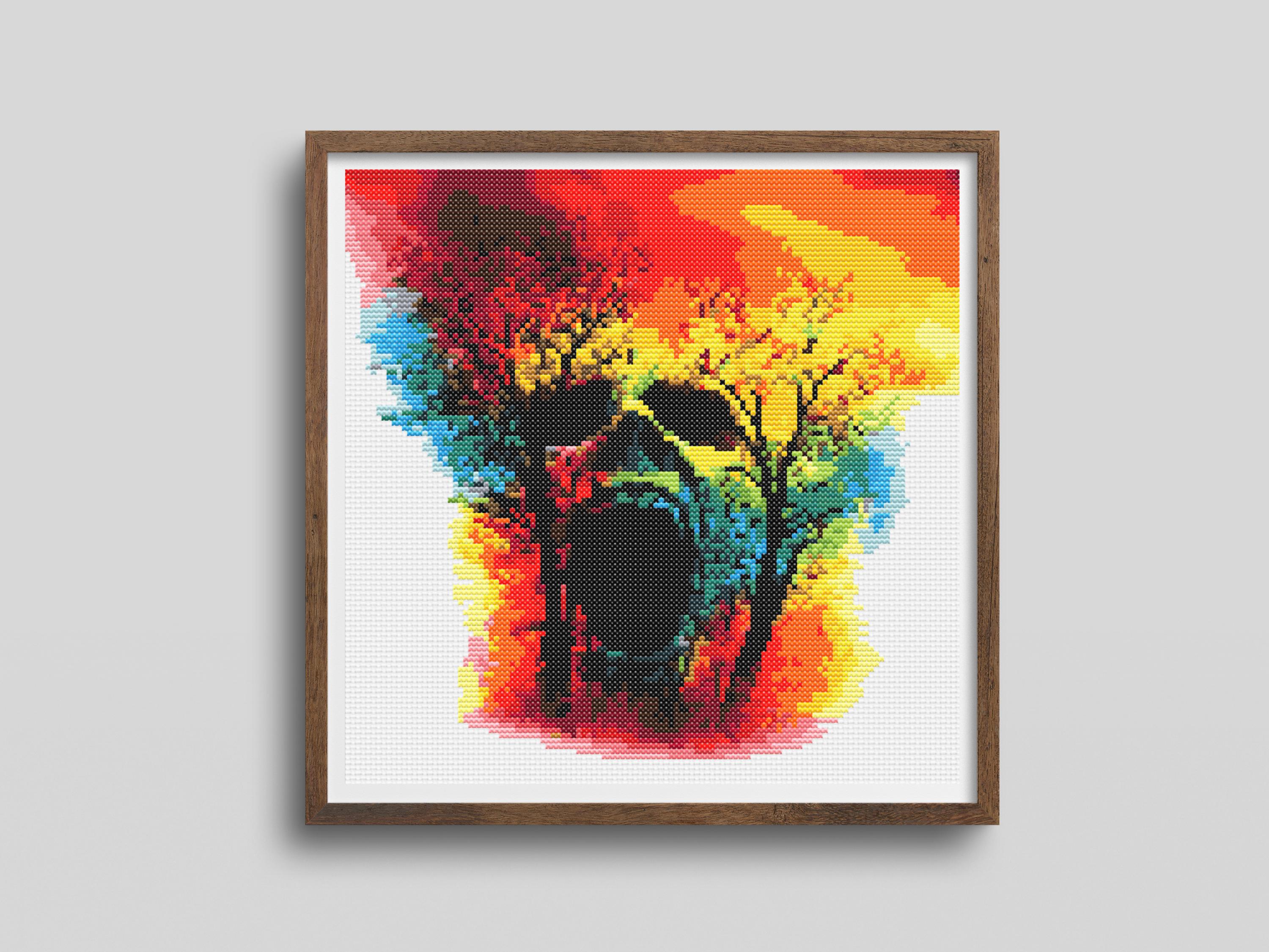 Skull and Trees Cross Stitch Pattern - Neon Fire and Forest Glow Abstract Skull Design for Halloween Decor - Thumbnail 2