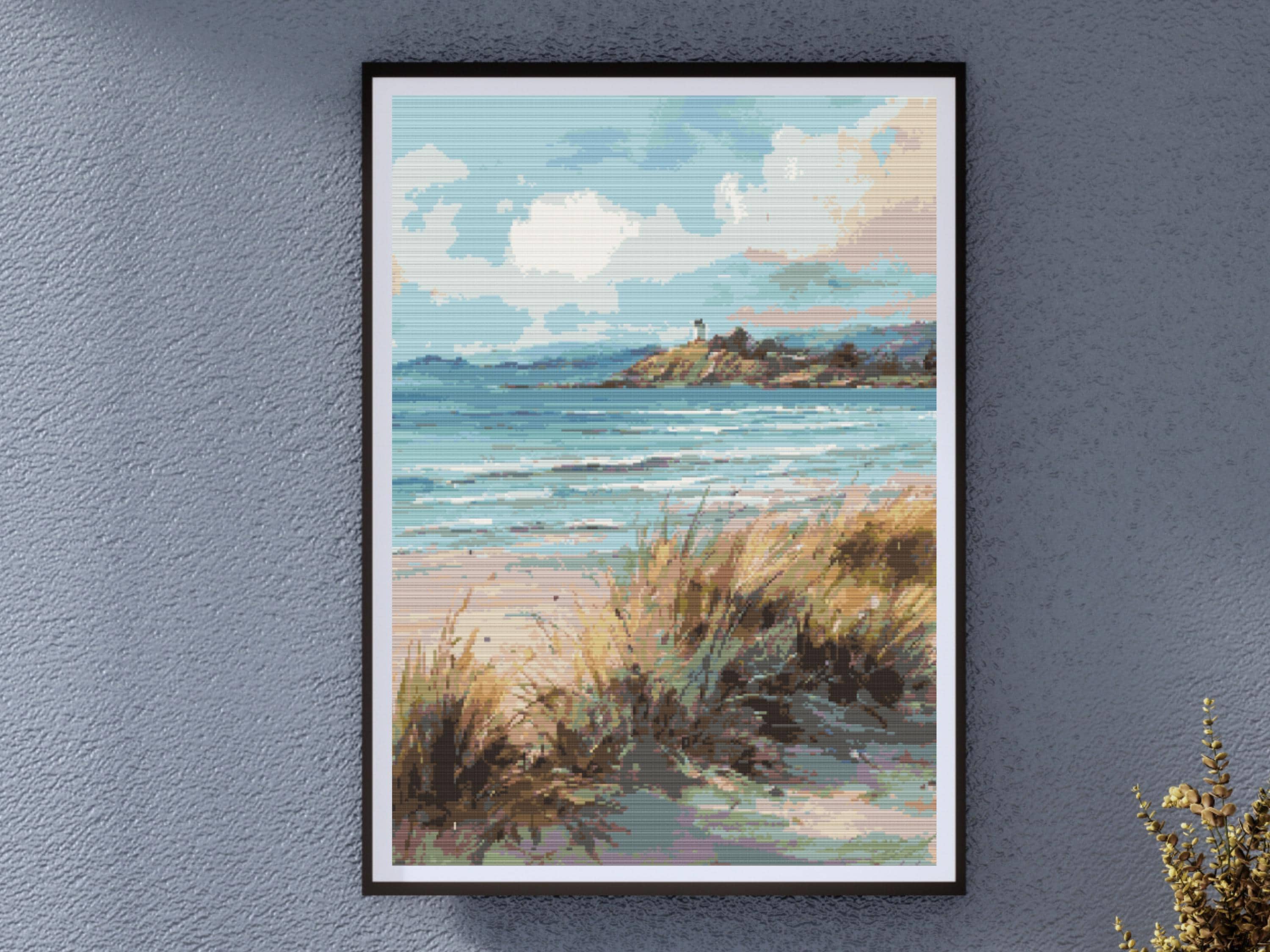 Coastal Lighthouse - Shoreline Waves with Dune Grass