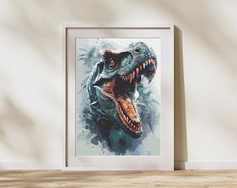 May include: Framed artwork featuring a detailed illustration of a Tyrannosaurus Rex head. The dinosaur is depicted with a teal and orange color palette, with its mouth open, revealing sharp teeth. The artwork is framed in a white border.
