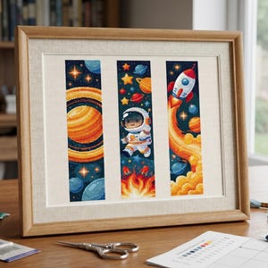 May include: A framed cross-stitch embroidery featuring three vertical panels with space themes. The left panel shows a large orange planet with rings, the center shows an astronaut in a suit, and the right shows a rocket ship launching into space.